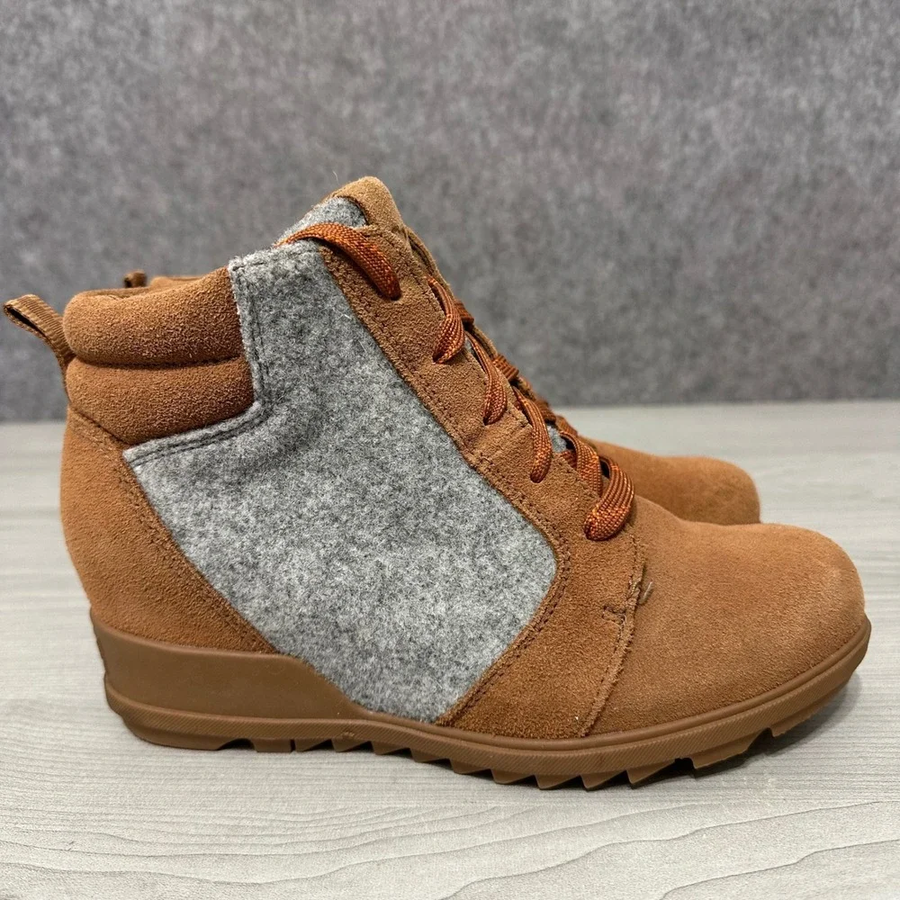 Sorel Evie Ankle Lace Boot Womens 7.5 Brown Grey Suede Felt Wedge NL4926-242‎